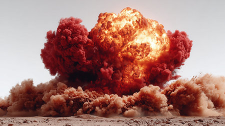 Nuclear Atom Explosion over City, Aerial view Drone view over city, large mushroom cloud, Nuclear explosion above the clouds. 3D Illustration, war or World War III, apocalypse concept. High qualityの素材