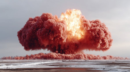 Nuclear Atom Explosion over City, Aerial view Drone view over city, large mushroom cloud, Nuclear explosion above the clouds. 3D Illustration, war or World War III, apocalypse concept. High qualityの素材