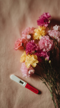 Pregnancy test is next to the flowers. Announcing baby. Gender reveal. New addition to the family, conception test, good news for expectant parents, young family. High qualityの素材