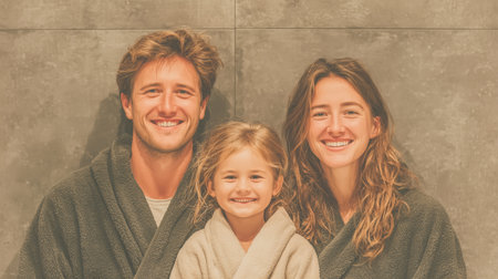 Happy family in the morning, mother father and child, family portrait, young couple and children. High qualityの素材