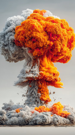 Nuclear Atom Explosion on a white background, Aerial view Drone view over city, large mushroom cloud, Nuclear explosion above the clouds. 3D Illustration, war or World War III. High qualityの素材