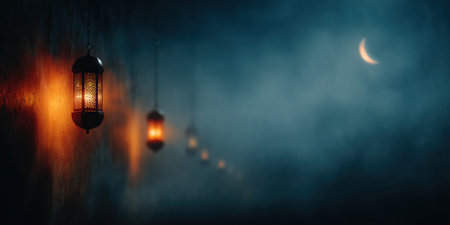 Ramadan Month Ramadan Kareem. The holy month of Muslims, Ramadan. Golden Moon, stars and lanterns. Ramadan Lantern Background. High qualityの素材