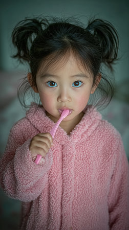 Little girl Brushing teeth with a toothbrush and toothpaste, Fresh breath, dental insurance, personal hygiene, brushing teeth in the morning, care from childhood, morning routine. High qualityの素材