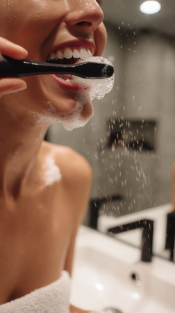 Brushing teeth with a toothbrush and toothpaste, Fresh breath, dental insurance, personal hygiene, brushing teeth in the morning, care from childhood, morning routine. High qualityの素材