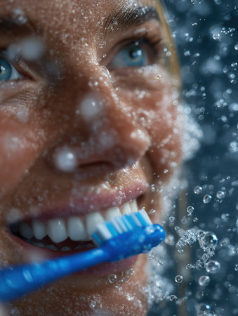 Brushing teeth with a toothbrush and toothpaste, Fresh breath, dental insurance, personal hygiene, brushing teeth in the morning, care from childhood, morning routine. High qualityの素材