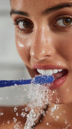 Brushing teeth with a toothbrush and toothpaste, Fresh breath, dental insurance, personal hygiene, brushing teeth in the morning, care from childhood, morning routine. High qualityの素材