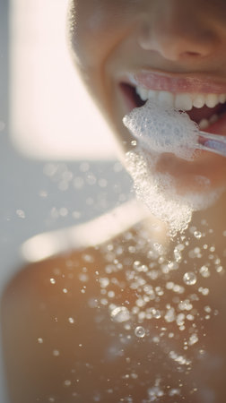 Brushing teeth with a toothbrush and toothpaste, Fresh breath, dental insurance, personal hygiene, brushing teeth in the morning, care from childhood, morning routine. High qualityの素材