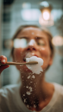 Brushing teeth with a toothbrush and toothpaste, Fresh breath, dental insurance, personal hygiene, brushing teeth in the morning, care from childhood, morning routine. High qualityの素材