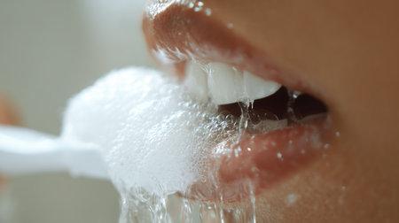 Brushing teeth with a toothbrush and toothpaste, Fresh breath, dental insurance, personal hygiene, brushing teeth in the morning, care from childhood, morning routine. High qualityの素材