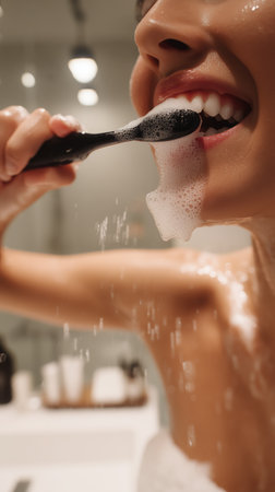 Brushing teeth with a toothbrush and toothpaste, Fresh breath, dental insurance, personal hygiene, brushing teeth in the morning, care from childhood, morning routine. High qualityの素材