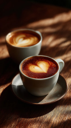 Valentine's Day, a holiday for lovers, a romantic date, a red heart, February 14 Hot aromatic coffee for two, a romantic evening in a coffee shop, a heart-shaped perk. High qualityの素材
