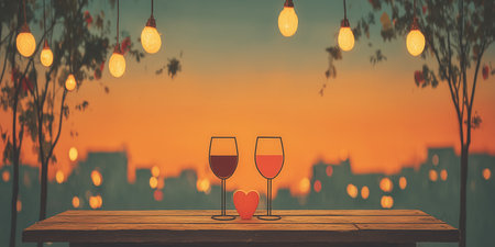 Valentine's Day, a holiday for lovers, a romantic date, a red heart, February 14 Romantic dinner for two with wine, glasses of wine. High qualityの素材