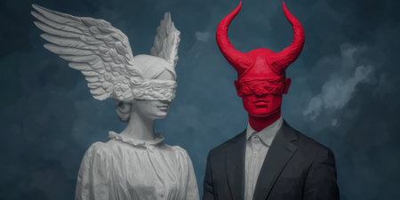 An angel and a demon in the body of a man and a woman, good and evil, good and bad. The concept of goodness and evil in one person, Husband and wife are finger and thumb. One bone, one flesh. High qualityの素材