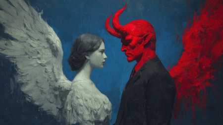 An angel and a demon in the body of a man and a woman, good and evil, good and bad. The concept of goodness and evil in one person, Husband and wife are finger and thumb. One bone, one flesh. High qualityの素材