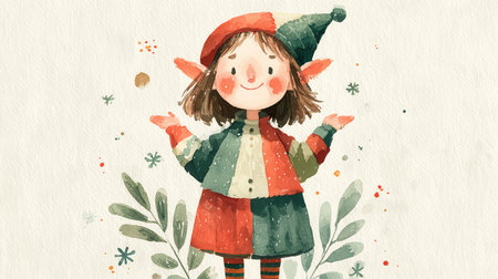 Santa helpers in their hats collect gifts. happy Xmas. Santa Claus Christmas night, New Year elves wave, New Year and Christmas, the holidays. High qualityの素材