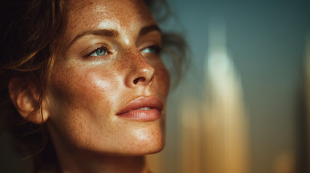 Portrait of a beautiful woman Caucasian woman with glowing skin Closeup girl touching facial smooth skin Portrait attractive young lady beauty salon spa skin care procedure. High qualityの素材