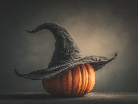 Halloween holiday. Halloween pumpkin with a magic black hat, magical pumpkin head, wizard in a hat, beautiful pumpkin with a magic hat. High qualityの素材