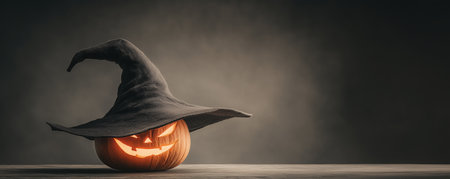 Halloween holiday. Halloween pumpkin with a magic black hat, magical pumpkin head, wizard in a hat, beautiful pumpkin with a magic hat. High qualityの素材