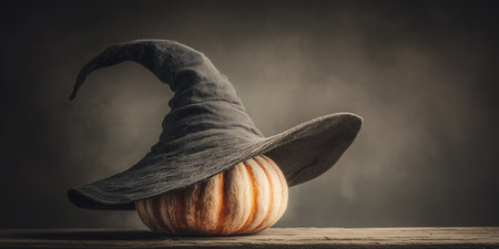 Halloween holiday. Halloween pumpkin with a magic black hat, magical pumpkin head, wizard in a hat, beautiful pumpkin with a magic hat. High qualityの素材
