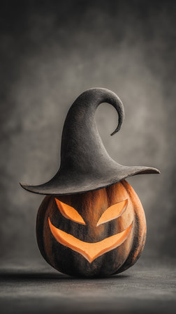 Halloween holiday. Halloween pumpkin with a magic black hat, magical pumpkin head, wizard in a hat, beautiful pumpkin with a magic hat. High qualityの素材