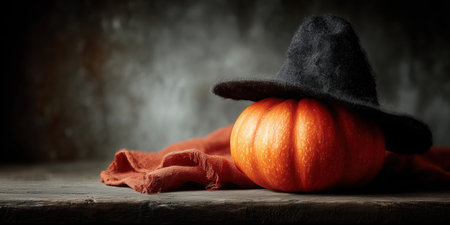 Halloween holiday. Halloween pumpkin with a magic black hat, magical pumpkin head, wizard in a hat, beautiful pumpkin with a magic hat. High qualityの素材