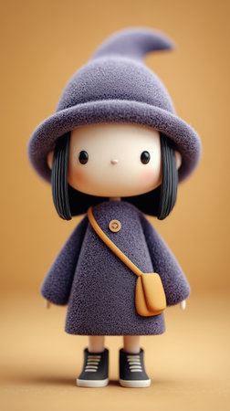 A 3D magical girl on a light background in a purple robe and a wizard's hat. High qualityの素材