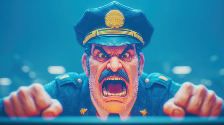 An angry cop yells at the camera, an angry security guard interrogates a thief at a negotiating table. High qualityの素材