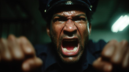 An angry cop yells at the camera, an angry security guard interrogates a thief at a negotiating table. High qualityの素材