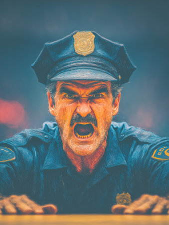 An angry cop yells at the camera, an angry security guard interrogates a thief at a negotiating table. High qualityの素材