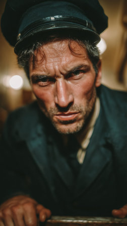 An angry cop yells at the camera, an angry security guard interrogates a thief at a negotiating table. High qualityの素材