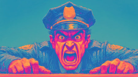 An angry cop yells at the camera, an angry security guard interrogates a thief at a negotiating table. High qualityの素材