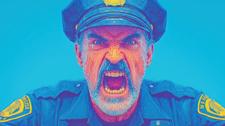 An angry cop yells at the camera, an angry security guard interrogates a thief at a negotiating table. High qualityの素材