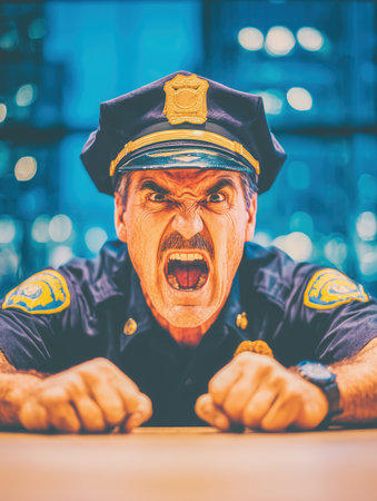 An angry cop yells at the camera, an angry security guard interrogates a thief at a negotiating table. High qualityの素材