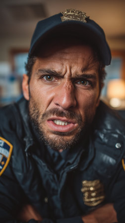 An angry cop yells at the camera, an angry security guard interrogates a thief at a negotiating table. High qualityの素材