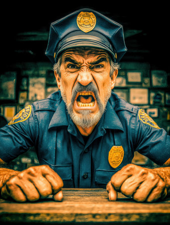 An angry cop yells at the camera, an angry security guard interrogates a thief at a negotiating table. High qualityの素材