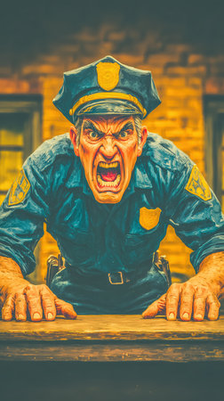 An angry cop yells at the camera, an angry security guard interrogates a thief at a negotiating table. High qualityの素材