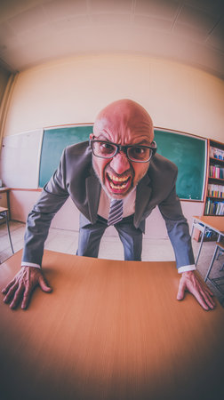 Angry teacher yelling at a child, bad teacher concept, teacher of the year, bad student makes teacher angry, skipping classes, calling parents to school. High qualityの素材