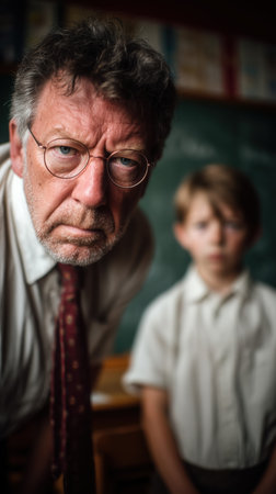 Angry teacher yelling at a child, bad teacher concept, teacher of the year, bad student makes teacher angry, skipping classes, calling parents to school. High qualityの素材