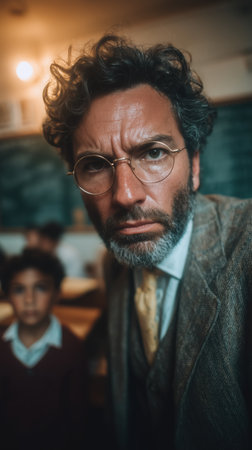 Angry teacher yelling at a child, bad teacher concept, teacher of the year, bad student makes teacher angry, skipping classes, calling parents to school. High qualityの素材