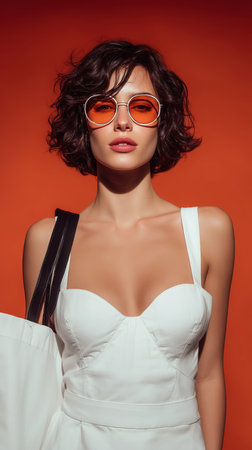 Shopaholic. Girl with a white bag after shopping on a bright orange background. Seasonal sale concept, ads. High qualityの素材