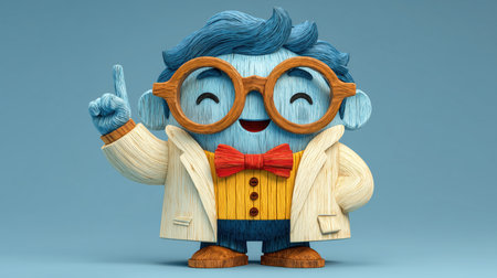 A scientist in a white coat and glasses gives a hint, a cute scientist figurine gives a thumbs up. High qualityの素材