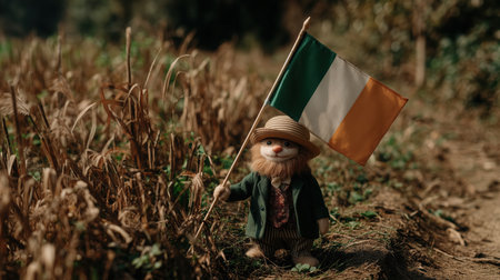 Leprechaun holding an Irish flag and wearing a green hat St. Patrick's Day, green holiday, quatrefoil, leprechaun with gold in a pot, Irish annual holiday, color green. High qualityの素材