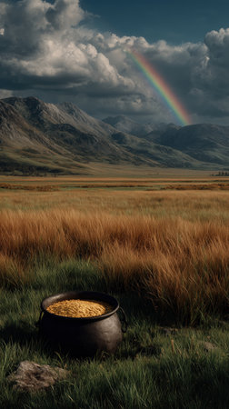 A Pot of Gold in an Irish Field Without a Leprechaun St. Patrick's Day, green holiday, quatrefoil, leprechaun with gold in a pot, Irish annual holiday, color green. High qualityの素材