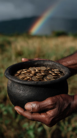 A Pot of Gold in an Irish Field Without a Leprechaun St. Patrick's Day, green holiday, quatrefoil, leprechaun with gold in a pot, Irish annual holiday, color green. High qualityの素材