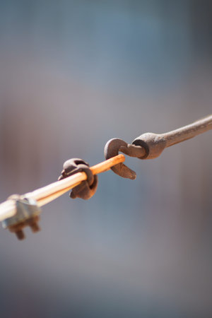 Industrial metal hook connecting wire cable on blurred background with copy space, Close-up of rusty...