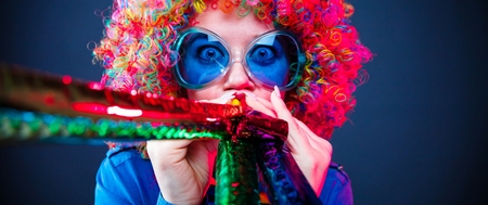 Portrait of beautiful party woman in wig and glasses Carneval Konzeptの写真素材
