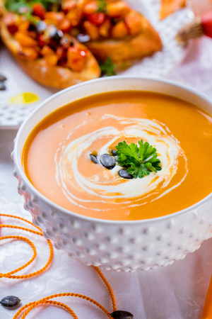 Fresh Pumpkin Soup with Pumpkin Brushettaの写真素材