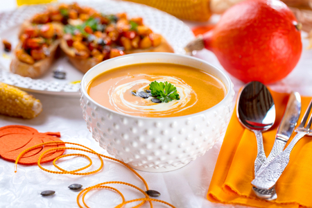 Fresh Pumpkin Soup with Pumpkin Brushettaの写真素材