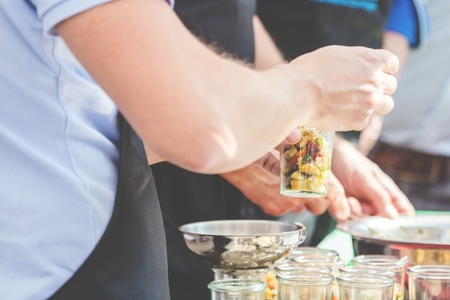 Homemade salad in glass jarand vegetables. Healthy food, diet, clean eating and vegetarian conceptの写真素材