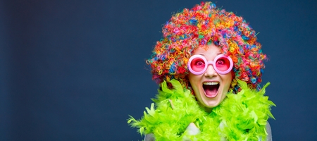 Portrait of beautiful party woman in wig and glasses Carneval Konzeptの写真素材